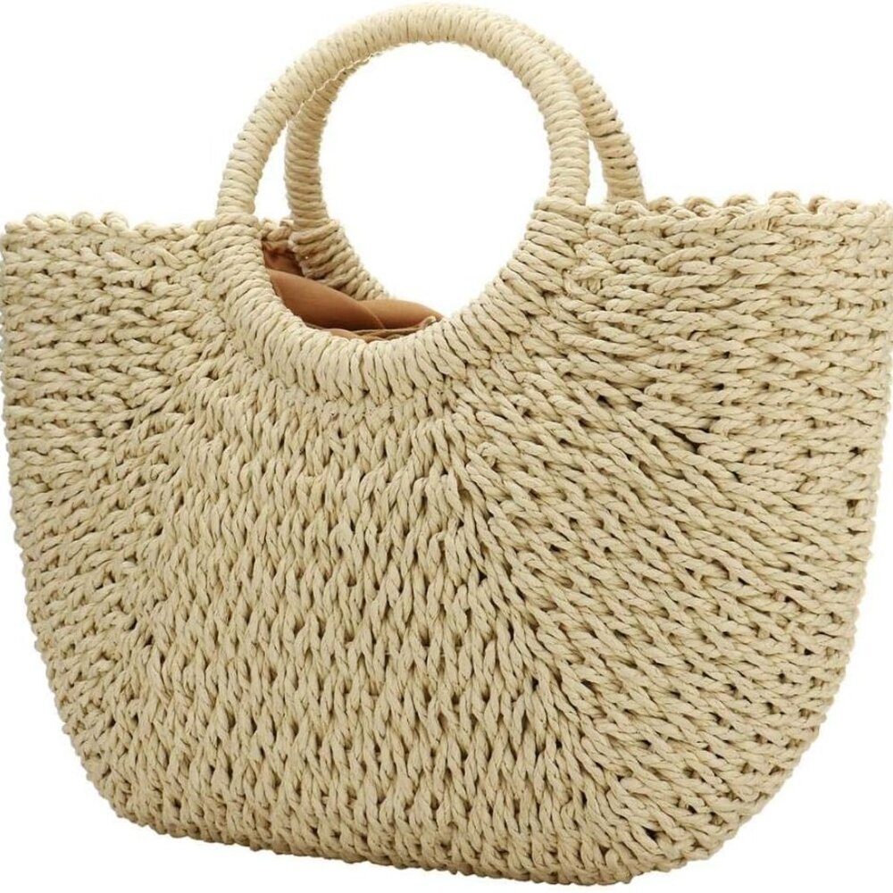 Women Summer Beach Bag, Straw Handbag Top Handle Big Capacity Travel Tote Purse